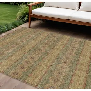 Photo of Artichoke Green And Olive Green Floral Medallion Washable Indoor Outdoor Area Rug