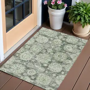 Photo of Artichoke Green And Olive Green Floral Washable Indoor Outdoor Area Rug