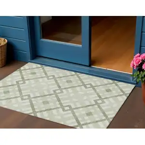 Photo of Artichoke Green And Olive Green Geometric Washable Indoor Outdoor Area Rug