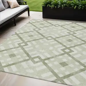 Photo of Artichoke Green And Olive Green Geometric Washable Indoor Outdoor Area Rug