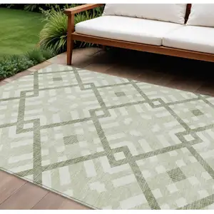 Photo of Artichoke Green And Olive Green Geometric Washable Indoor Outdoor Area Rug