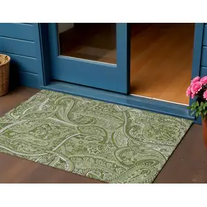 Photo of Artichoke Green And Olive Green Paisley Washable Indoor Outdoor Area Rug