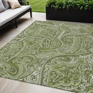 Photo of Artichoke Green And Olive Green Paisley Washable Indoor Outdoor Area Rug