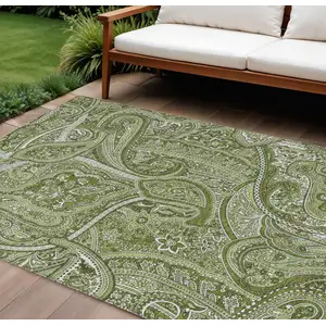 Photo of Artichoke Green And Olive Green Paisley Washable Indoor Outdoor Area Rug