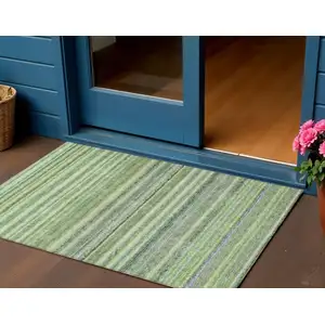 Photo of Artichoke Green And Olive Green Striped Washable Indoor Outdoor Area Rug