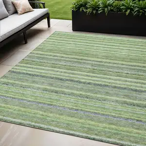 Photo of Artichoke Green And Olive Green Striped Washable Indoor Outdoor Area Rug