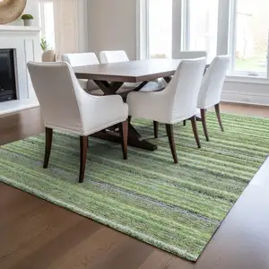 Photo of Artichoke Green And Olive Green Striped Washable Indoor Outdoor Area Rug