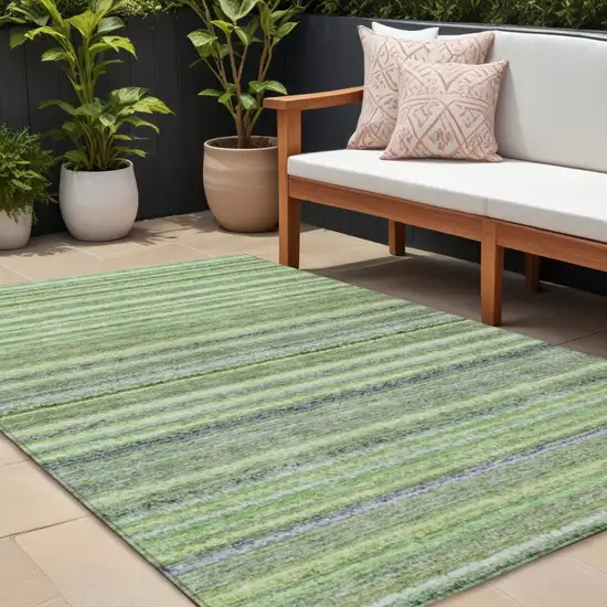 Artichoke Green And Olive Green Striped Washable Indoor Outdoor Area Rug Photo 1