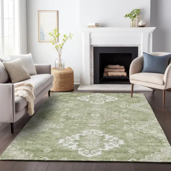 Artichoke Green Beige And Ivory Medallion Washable Indoor Outdoor Area Rug Photo 9