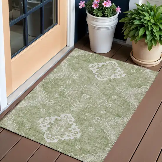 Artichoke Green Beige And Ivory Medallion Washable Indoor Outdoor Area Rug Photo 1