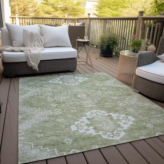 Artichoke Green Beige And Ivory Medallion Washable Indoor Outdoor Area Rug Photo 8