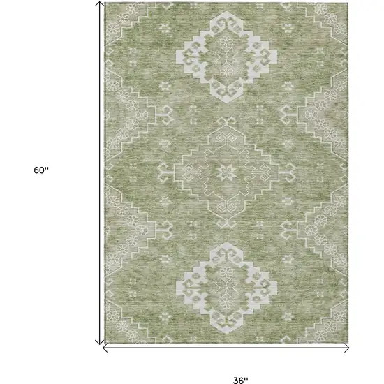 Artichoke Green Beige And Ivory Medallion Washable Indoor Outdoor Area Rug Photo 3