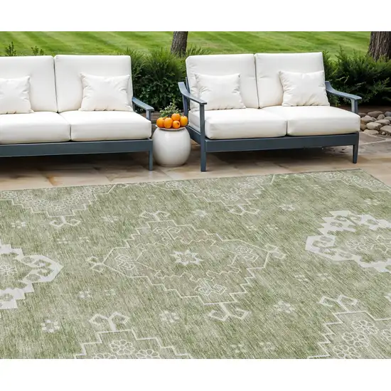 Artichoke Green Beige And Ivory Medallion Washable Indoor Outdoor Area Rug Photo 1