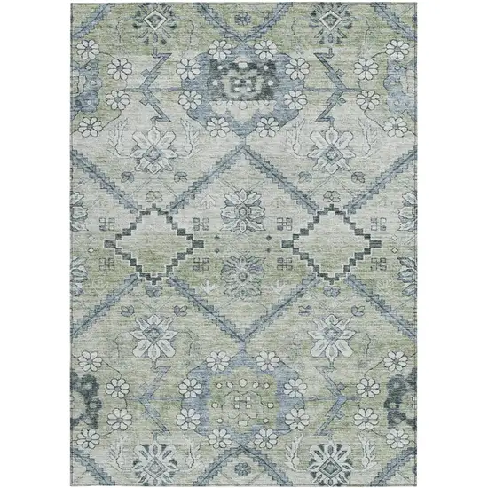 Artichoke Green Denim Blue And Silver Floral Washable Indoor Outdoor Area Rug Photo 7