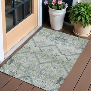 Photo of Artichoke Green Denim Blue And Silver Floral Washable Indoor Outdoor Area Rug