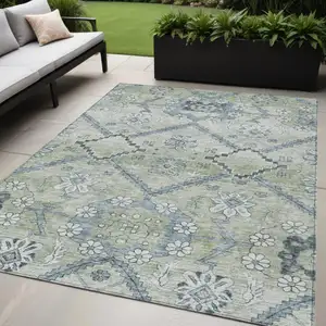 Photo of Artichoke Green Denim Blue And Silver Floral Washable Indoor Outdoor Area Rug