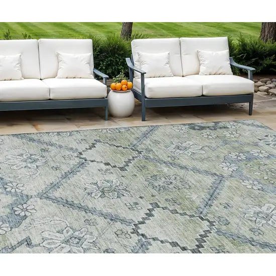 Artichoke Green Denim Blue And Silver Floral Washable Indoor Outdoor Area Rug Photo 1