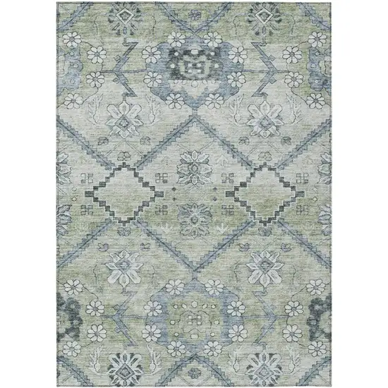 Artichoke Green Denim Blue And Silver Floral Washable Indoor Outdoor Area Rug Photo 2