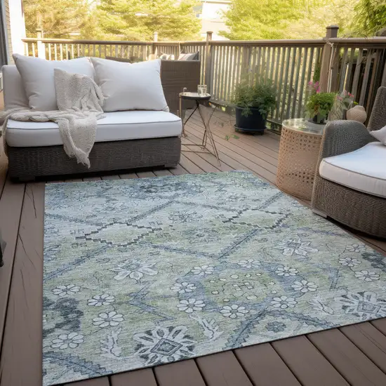 Artichoke Green Denim Blue And Silver Floral Washable Indoor Outdoor Area Rug Photo 8