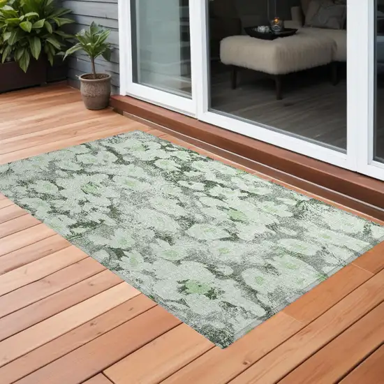 Artichoke Green Floral Washable Non Skid Indoor Outdoor Area Rug Photo 1