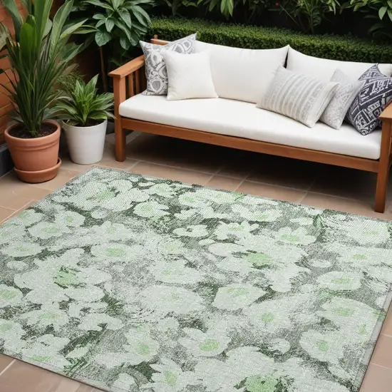 Artichoke Green Floral Washable Non Skid Indoor Outdoor Area Rug Photo 1