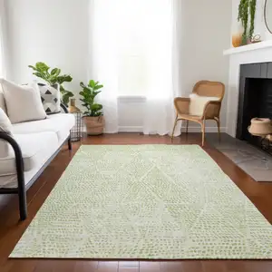 Photo of Artichoke Green Geometric Washable Non Skid Indoor Outdoor Area Rug