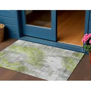 Photo of Artichoke Green Gray And Charcoal Abstract Washable Indoor Outdoor Area Rug