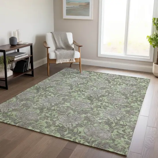 Artichoke Green Gray And Taupe Floral Washable Indoor Outdoor Area Rug Photo 9