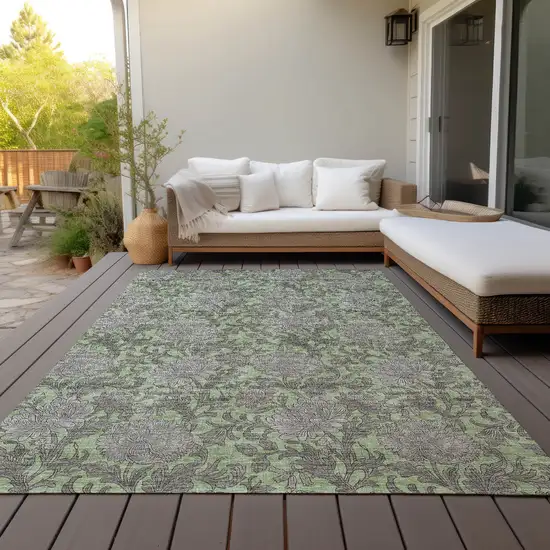 Artichoke Green Gray And Taupe Floral Washable Indoor Outdoor Area Rug Photo 8