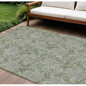 Photo of Artichoke Green Gray And Taupe Floral Washable Indoor Outdoor Area Rug