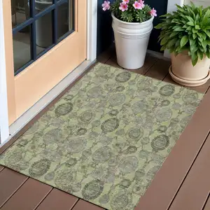 Photo of Artichoke Green Green And Gray Damask Washable Indoor Outdoor Area Rug