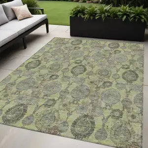 Photo of Artichoke Green Green And Gray Damask Washable Indoor Outdoor Area Rug