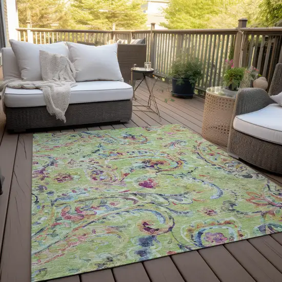 Artichoke Green Green And Pink Paisley Washable Indoor Outdoor Area Rug Photo 9