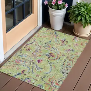 Photo of Artichoke Green Green And Pink Paisley Washable Indoor Outdoor Area Rug