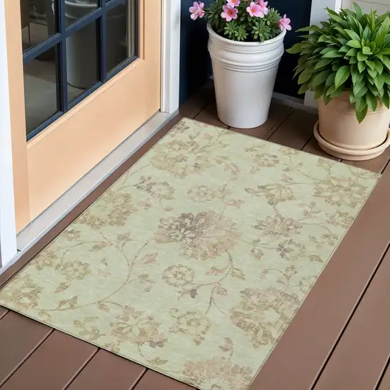 Artichoke Green Mint Green And Taupe Floral Washable Indoor Outdoor Area Rug Photo 1