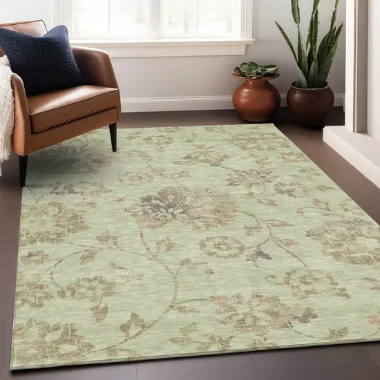 Artichoke Green Mint Green And Taupe Floral Washable Indoor Outdoor Area Rug Photo 9