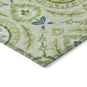 Photo of Artichoke Green Olive Green And Blue Floral Washable Indoor Outdoor Area Rug