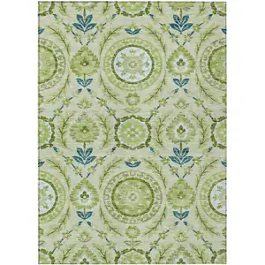 Photo of Artichoke Green Olive Green And Blue Floral Washable Indoor Outdoor Area Rug