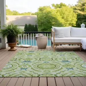 Photo of Artichoke Green Olive Green And Blue Floral Washable Indoor Outdoor Area Rug