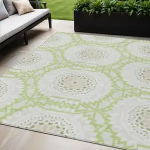 Photo of Artichoke Green Olive Green And Tan Floral Medallion Washable Indoor Outdoor Area Rug