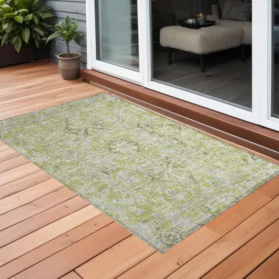 Artichoke Green Oriental Washable Non Skid Indoor Outdoor Area Rug Photo 1