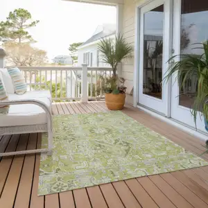 Photo of Artichoke Green Oriental Washable Non Skid Indoor Outdoor Area Rug