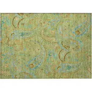 Photo of Artichoke Green Paisley Washable Non Skid Indoor Outdoor Area Rug