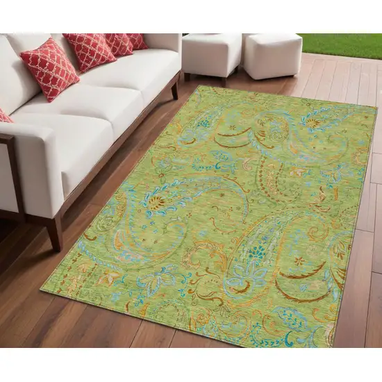 Artichoke Green Paisley Washable Indoor Outdoor Area Rug Photo 1