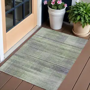 Photo of Artichoke Green Purple And Fern Green Striped Washable Indoor Outdoor Area Rug