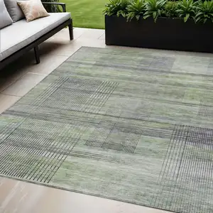 Photo of Artichoke Green Purple And Fern Green Striped Washable Indoor Outdoor Area Rug