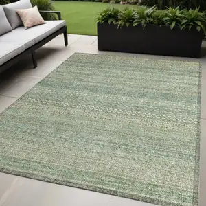 Photo of Artichoke Green Striped Washable Non Skid Indoor Outdoor Area Rug