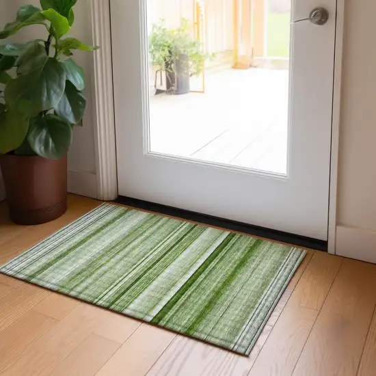 Artichoke Green Striped Washable Indoor Outdoor Area Rug Photo 7