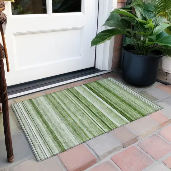 Artichoke Green Striped Washable Indoor Outdoor Area Rug Photo 7