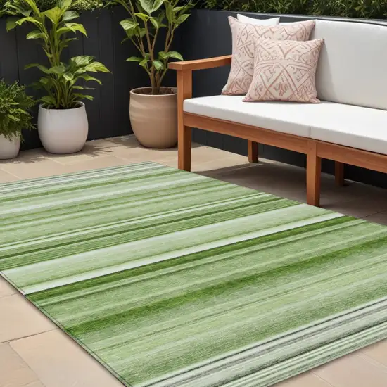 Artichoke Green Striped Washable Indoor Outdoor Area Rug Photo 1